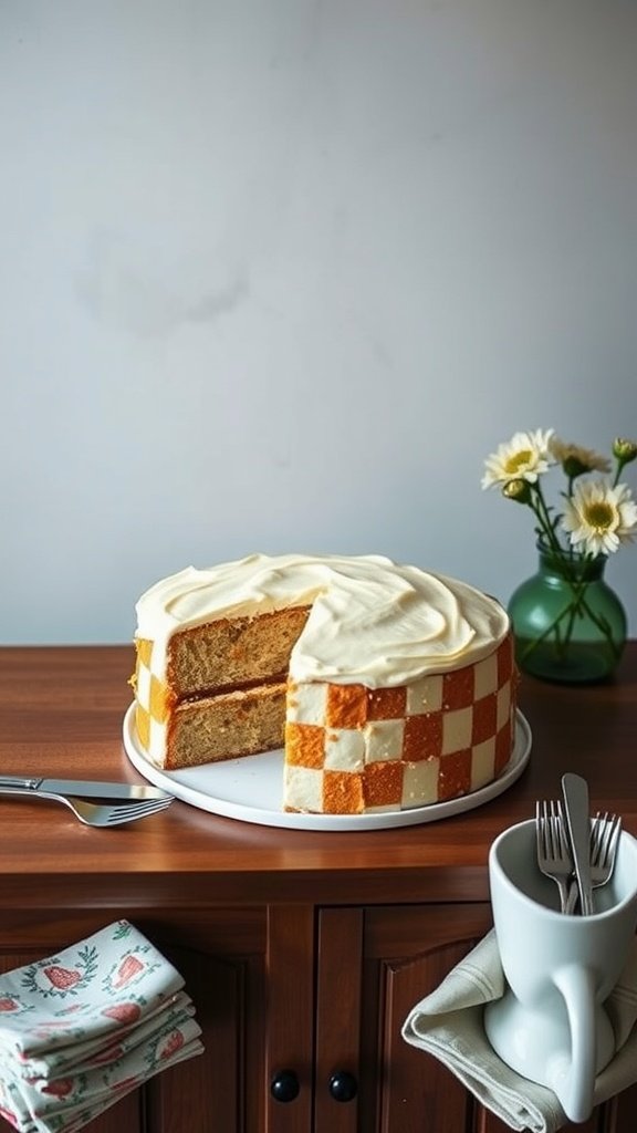 A beautifully layered checkerboard cake with almond and praline flavors.
