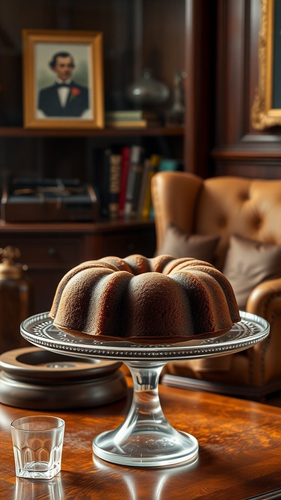 A beautifully baked ginger rum cake displayed on a glass cake stand.
