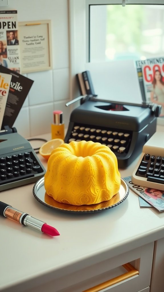 A bright tangerine pound cake displayed on a silver plate