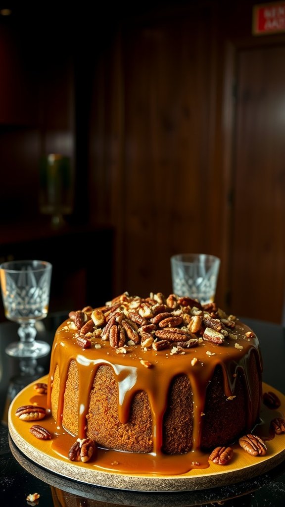 A beautifully drizzled caramel cake topped with pecans.