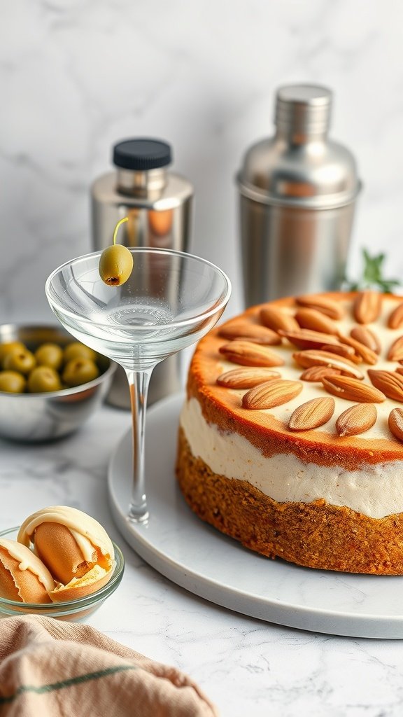 Afternoon Martini Almond Cake with a martini glass and olives