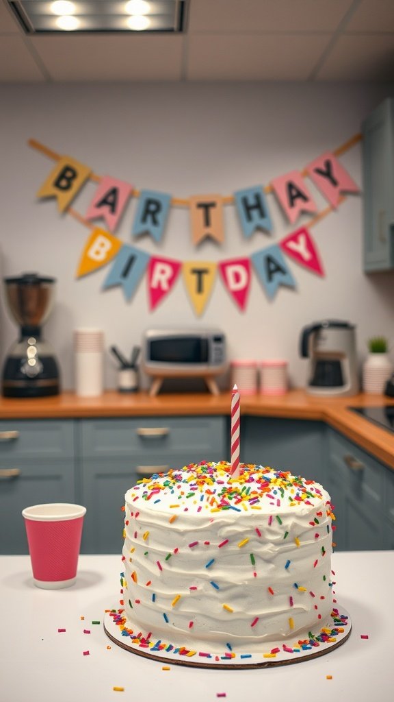 A colorful birthday confetti cake with sprinkles and a candle