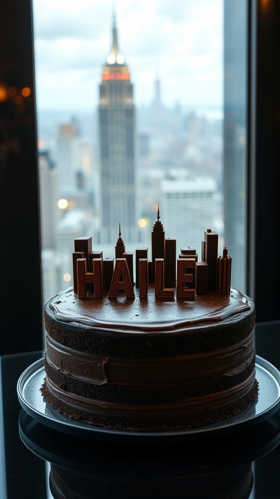 A rich chocolate cake with skyline decorations on top, inspired by New York City.