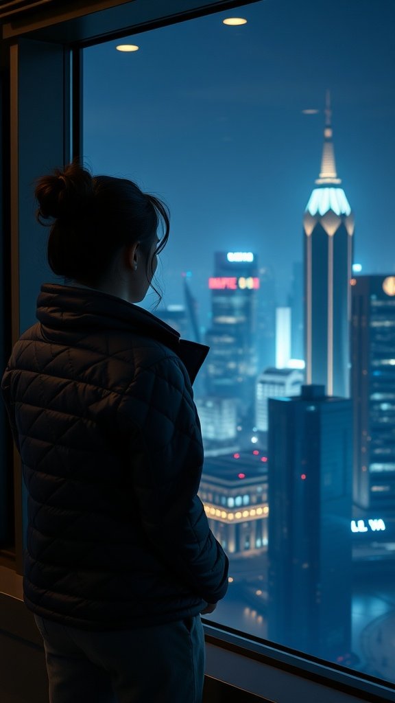 A person in a midnight quilted jacket looking out at the skyline of Coruscant from a lounge.