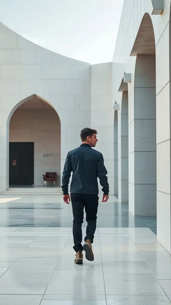 A person wearing a navy tech jacket walking through a modern architectural space.