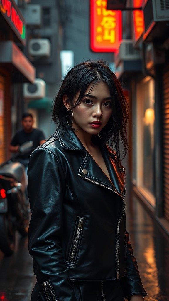 A person wearing a sleek black moto jacket stands in a neon-lit alley on Nar Shaddaa at night.