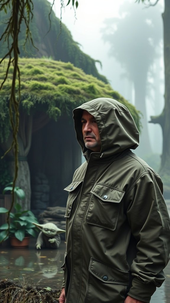 A man in an olive hooded jacket stands outside Yoda's hut on Dagobah, surrounded by lush greenery and mist.