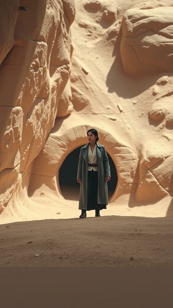 A person in an ash-grey trench coat stands at the entrance of a sandy cave, evoking a Star Wars theme.