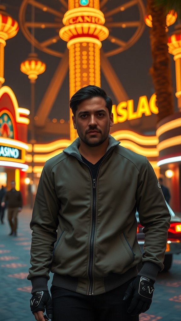 A person standing in front of the Canto Bight Casino wearing a matte slate zip-up jacket and black gloves.
