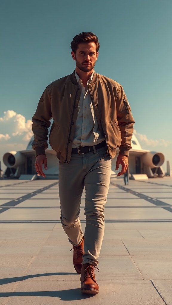 A model wearing a taupe bomber jacket and jeans, walking confidently on the Cloud City landing platform with a bright sky in the background.