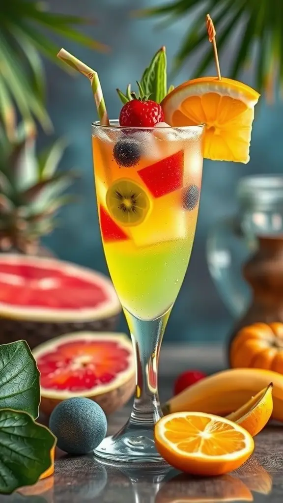 A colorful gin cocktail with fruit garnishes, inspired by Star Wars.