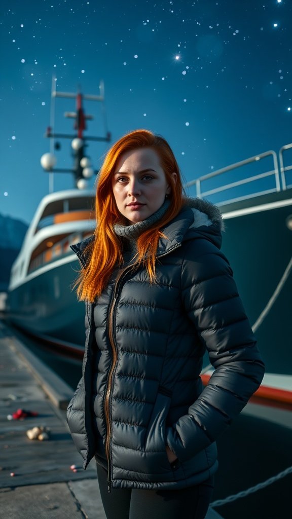 A model wearing a charcoal puffer jacket at the Rishi Moon Landing Bay with a starry sky in the background.