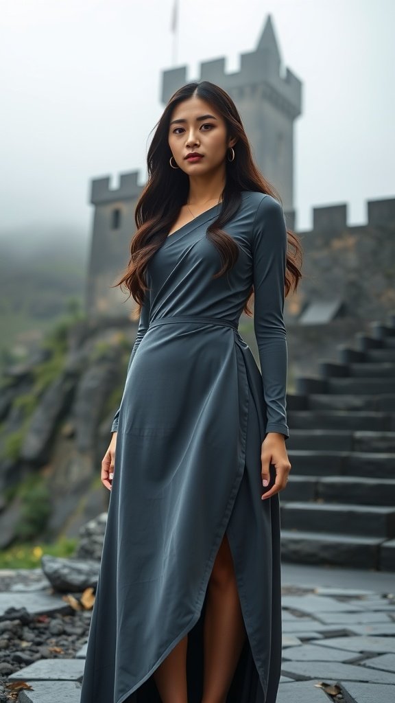 A woman wearing a long gray wrap dress standing in front of a castle-like structure on a foggy day.