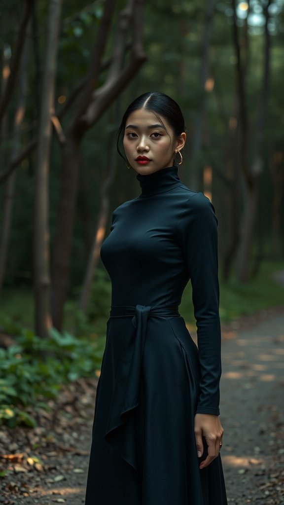 A model wearing a sleek black wrap dress in a forest setting.