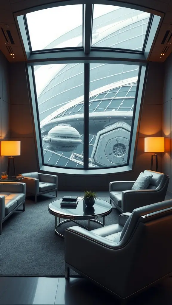 A modern corporate executive suite with large windows overlooking shipyards, featuring plush seating and a cozy atmosphere.