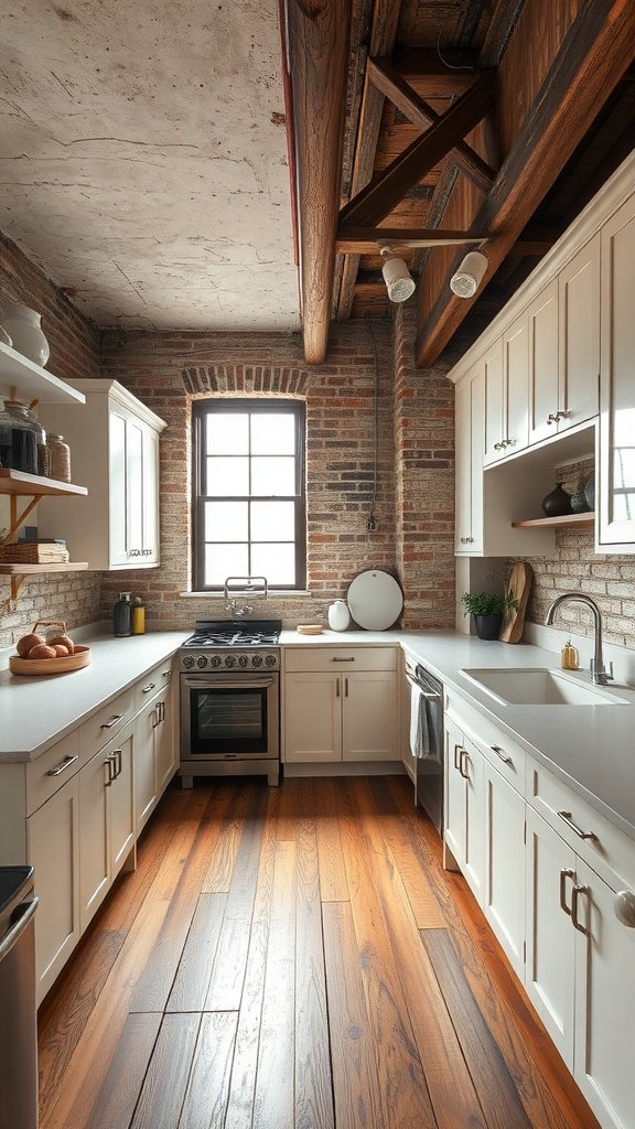 A kitchen with exposed brick walls, white cabinetry, and wooden floors, featuring modern appliances and a cozy atmosphere.