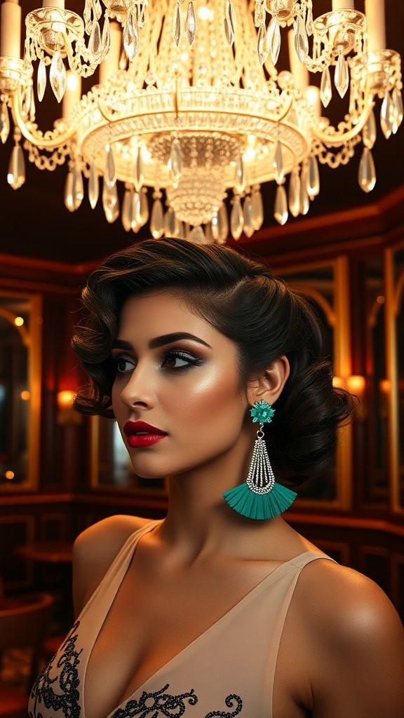 Emerald fan-shaped earrings worn by a model with a glamorous background