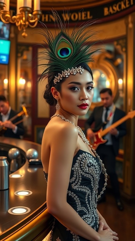 A woman wearing a jeweled peacock feather headpiece and an elegant black dress, with musicians playing in the background.