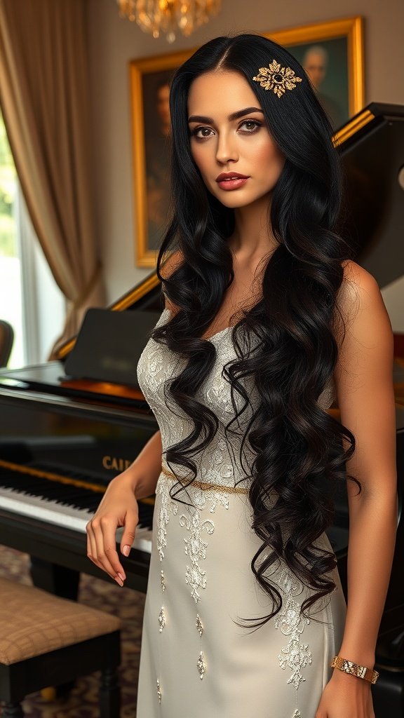 A woman wearing a gold leaf hair comb with long dark hair and an elegant dress, standing in front of a piano.