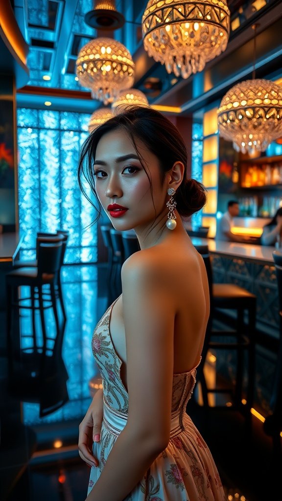 A woman wearing sapphire and pearl drop earrings in a stylish setting
