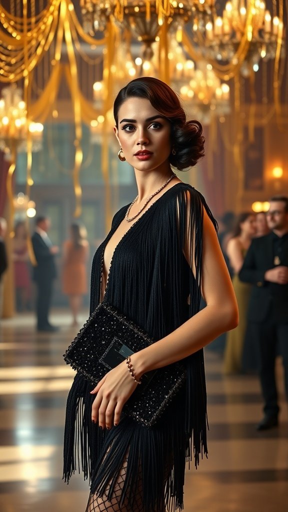 A woman holding a beaded fringe clutch, dressed in 1920s inspired attire, surrounded by a glamorous party setting.
