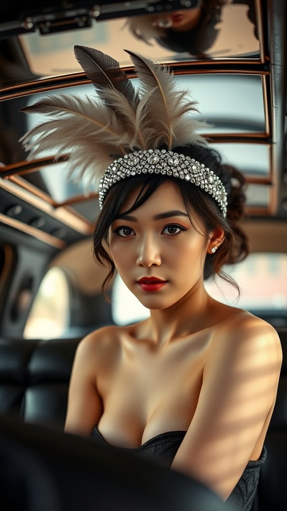 A woman wearing a feathered sequin headband, showcasing a glamorous look with a stylish outfit.