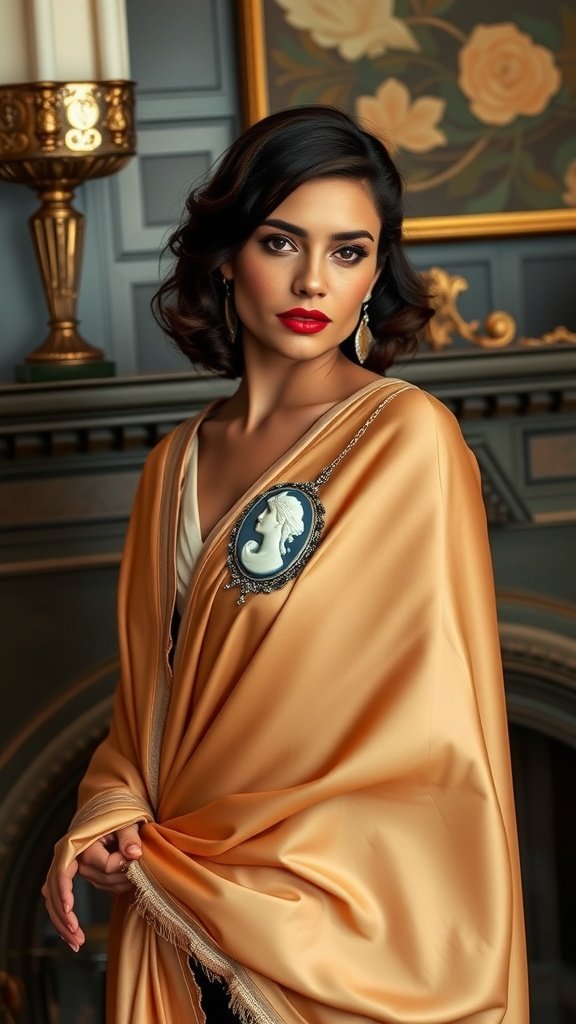 A woman with dark hair wearing a flowing orange and red shawl, standing near an ornate fireplace, showcasing a vintage vibe.