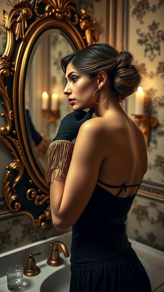 A woman in a black dress admiring herself in a mirror, wearing a gold fringe arm cuff.
