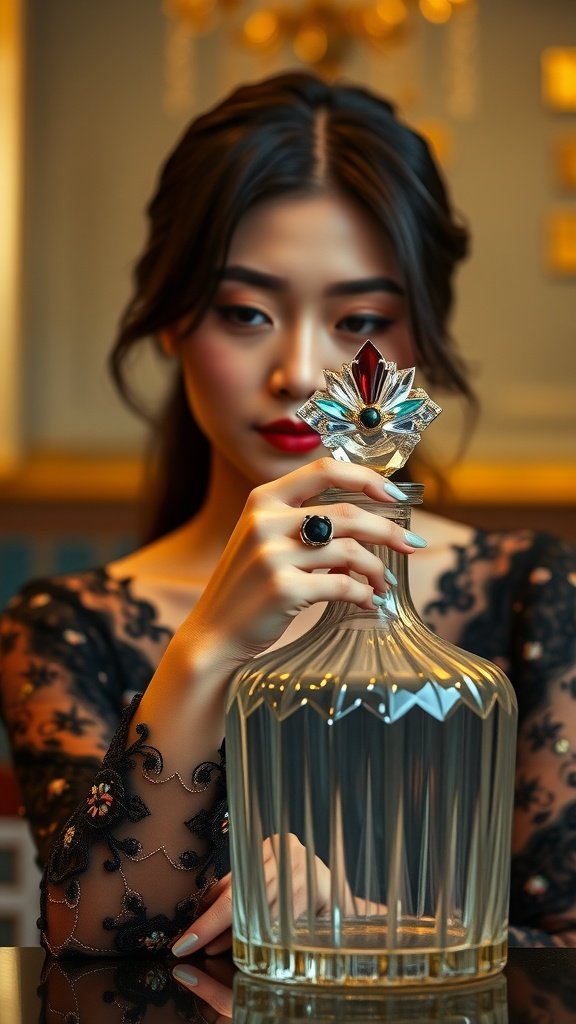 A woman holding a decorative glass decanter, showcasing a striking onyx ring with intricate detailing.