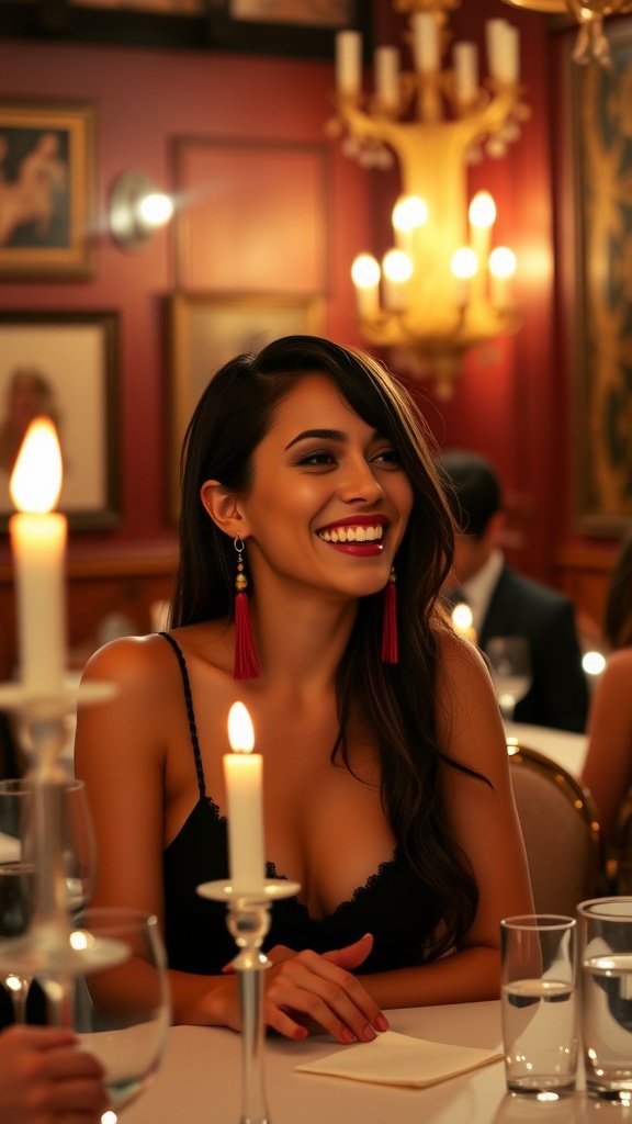 A woman wearing stylish beaded tassel earrings at a candlelit dinner party