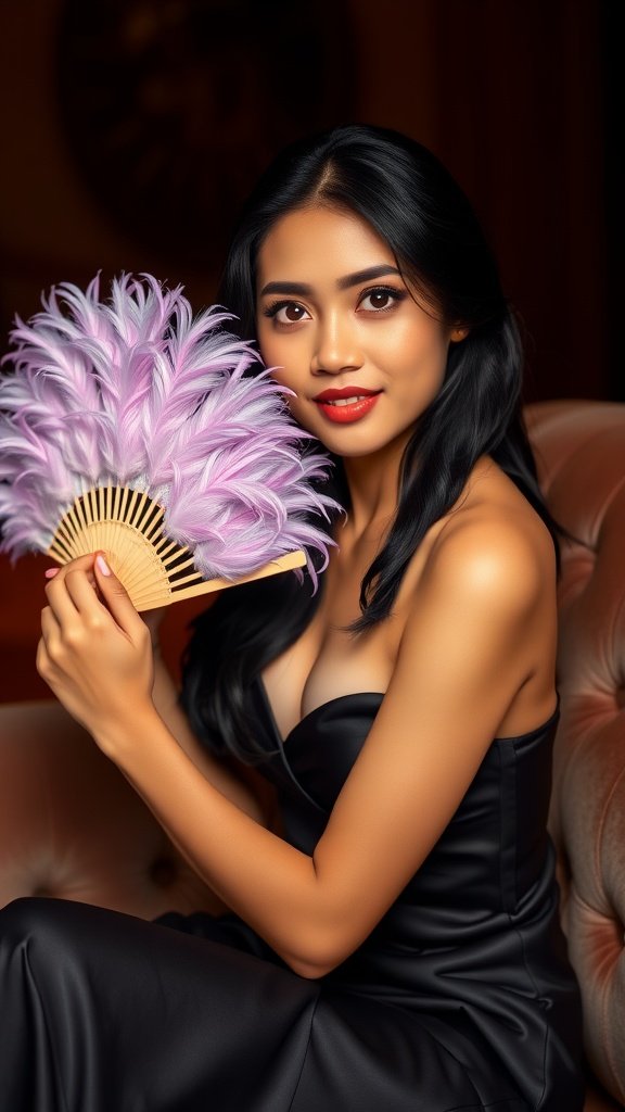 A model holding a luxurious silk feather fan, exuding vintage elegance