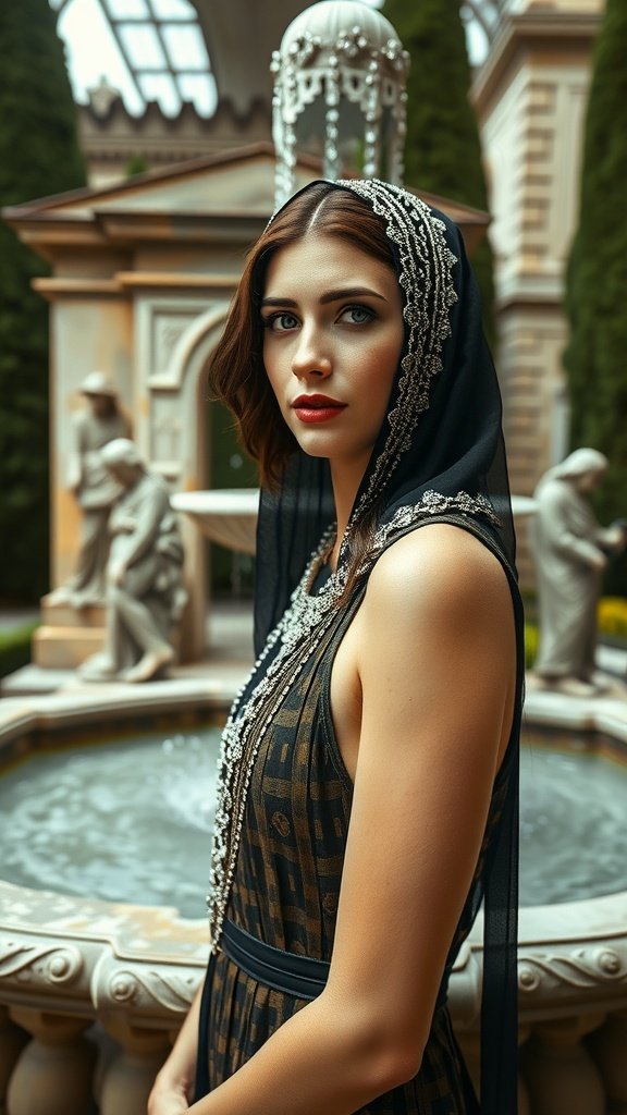 A woman wearing a diamond chain head drape, showcasing elegance and style against a classic backdrop.