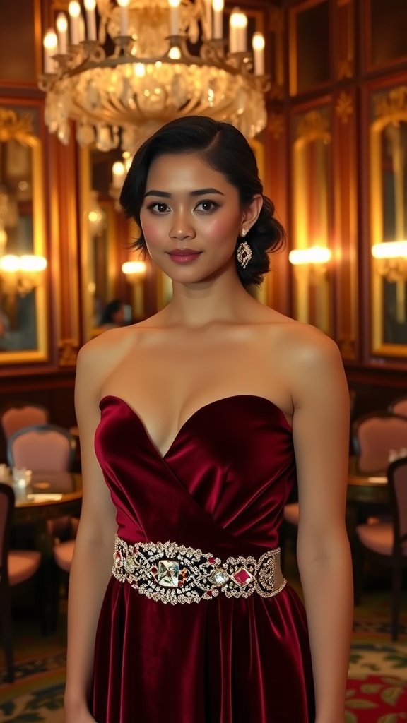 A woman wearing a burgundy dress with an elegant Art Deco belt featuring crystals.