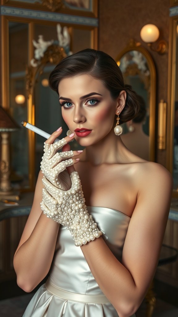 A model wearing pearl-encrusted gloves, with elegant makeup and a satin gown, holding a cigarette.