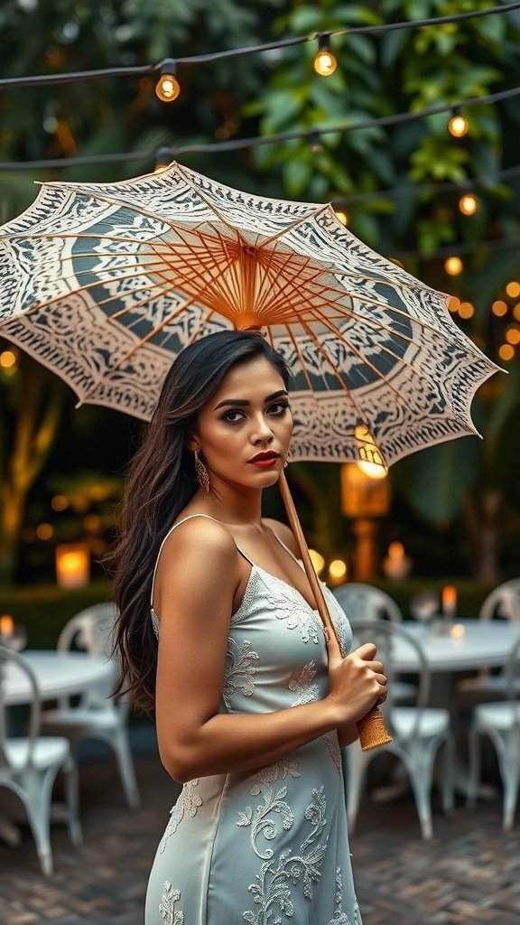 A woman holding an ivory lace parasol, dressed elegantly, with a lively background of string lights and greenery.