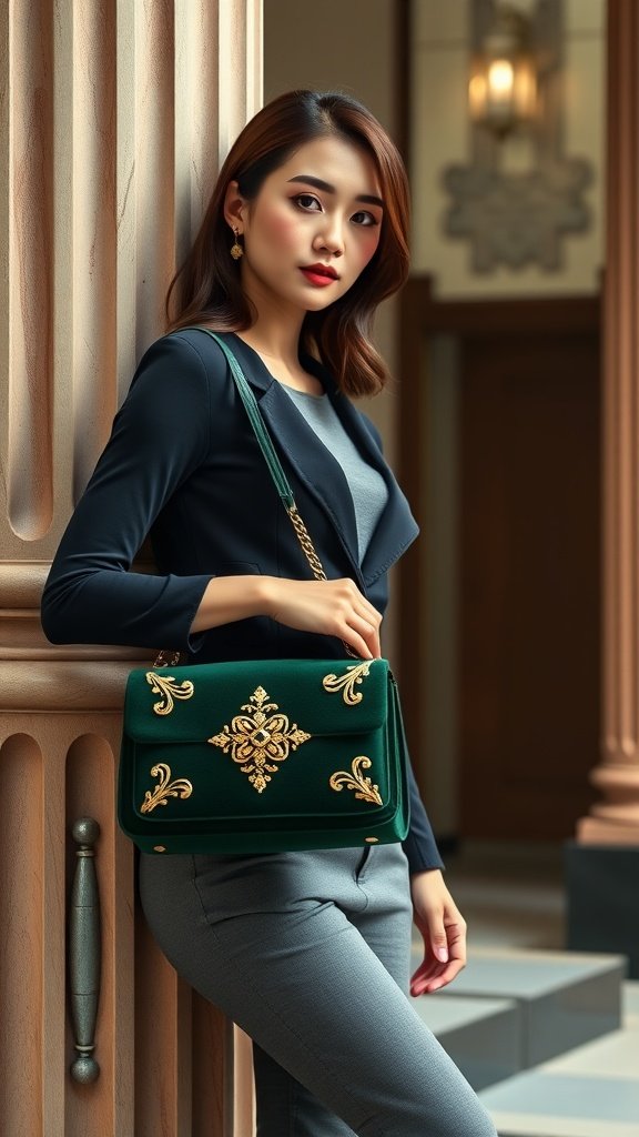 A green velvet handbag with gold embroidery, held by a woman in a stylish outfit.