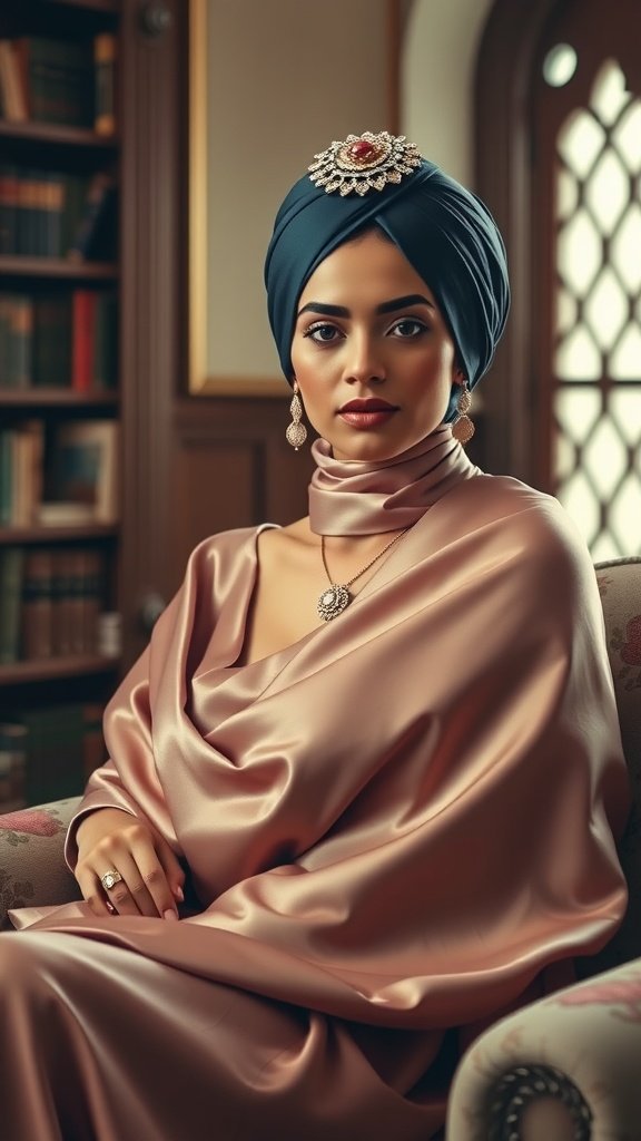 A woman wearing a silk head wrap with a brooch, styled elegantly with a satin outfit, sitting in a vintage setting.