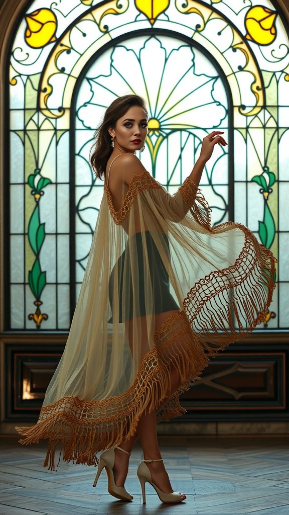 A model wearing a tassel-trimmed capelet, posing against a stained glass background, showcasing the elegance and style of the Roaring 20s.