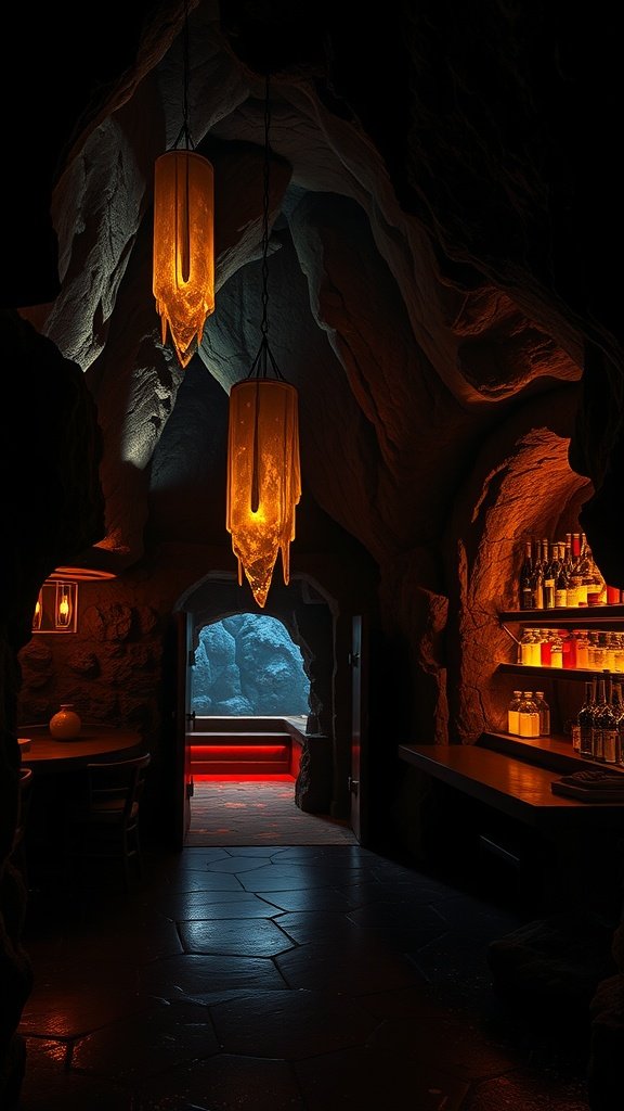 Interior of The Crystal Howl bar in Jedha City, featuring warm lighting and rocky decor.