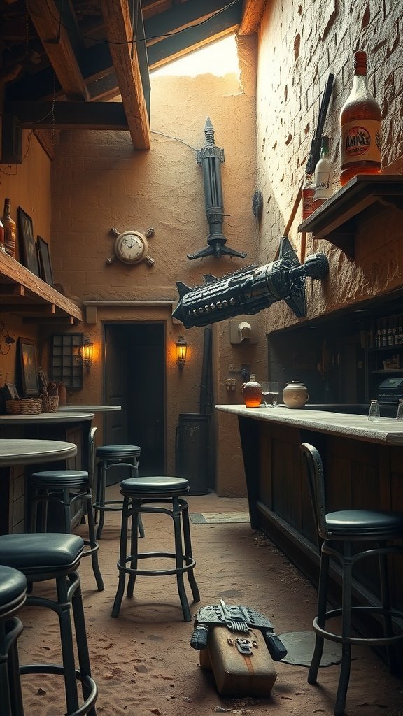 Interior of the Womp Rat Tavern featuring rustic decor, a large weapon on the wall, and black stools around the bar.