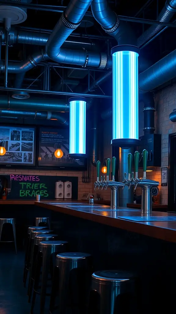 Interior of Blue Nova Bar with neon lights and bar stools