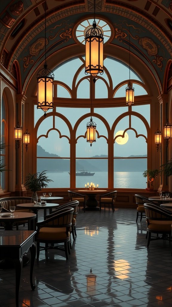 Interior of The Hanging Moon bar on Naboo, featuring elegant lanterns and a view of the water.