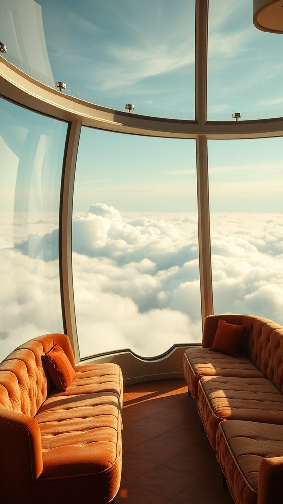 Interior of the Driftspace Lounge with plush seating and large glass windows overlooking clouds