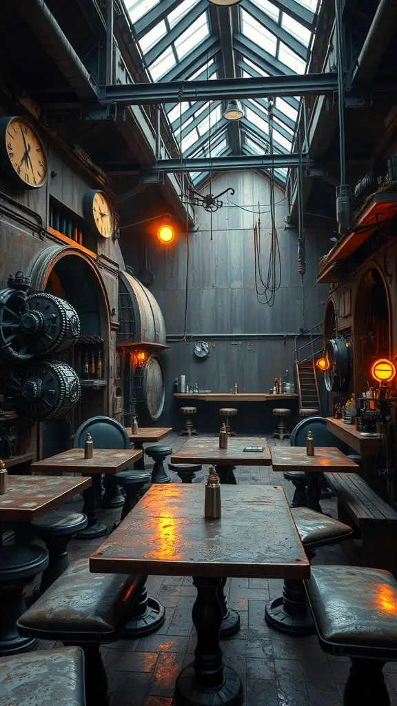 Interior of Rustbucket's Bar, showcasing rustic wooden tables, dim lighting, and industrial decor.