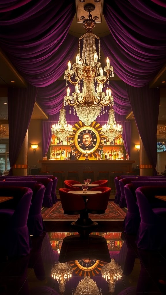 An elegant bar interior with purple drapes and chandeliers, featuring a central bar and comfortable seating.