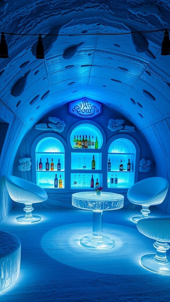 Interior of Echo Hall inspired by Hoth, featuring icy blue lighting and ice-like furniture.