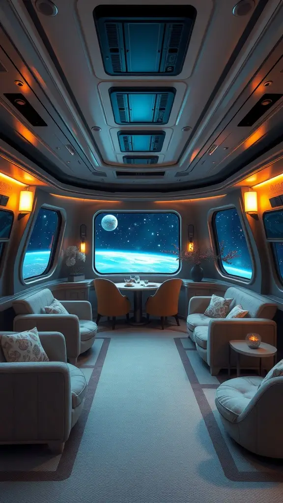 Interior of a starship captain's quarters with large windows showing space