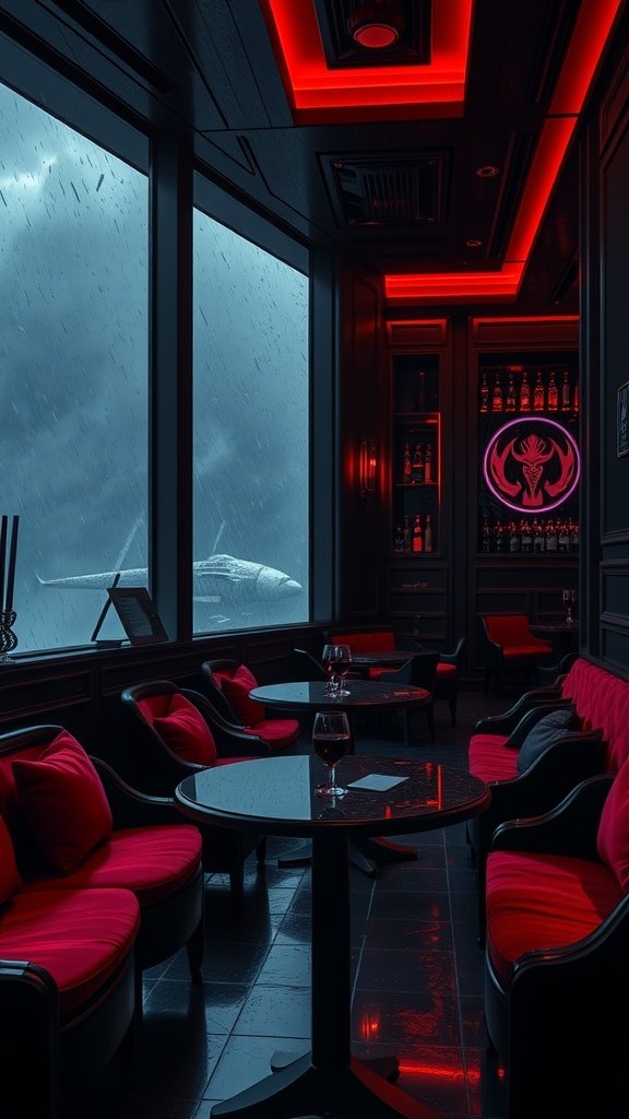 Interior of The Crimson Spill bar with red lighting and a stormy view outside.