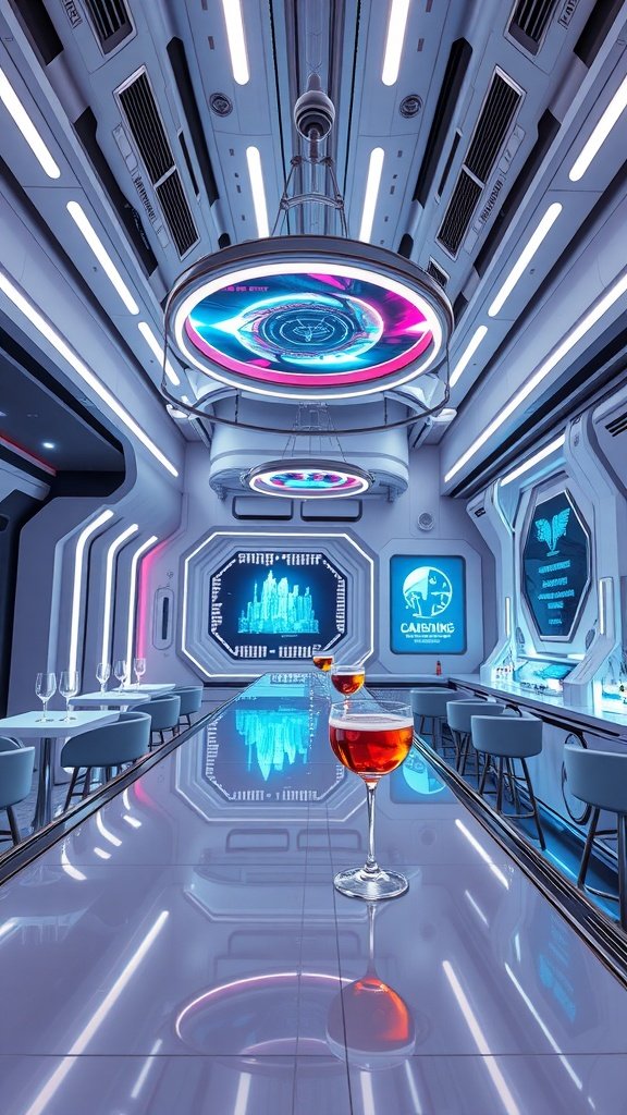 Interior of The Skywell bar in Upper Coruscant, featuring futuristic design and colorful lighting.