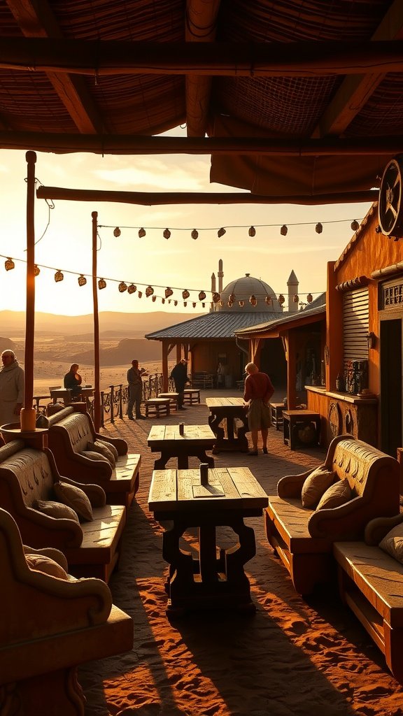 Interior of Twin Suns Taproom with cozy seating, string lights, and a sunset view.
